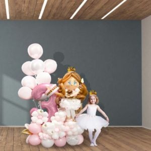 Number balloon arrangement, featuring a large balloon ballerina doll, balloon numbers, flowers and a set of helium-filled balloons in pastel colors. Balloon delivery in Salem Oregon and nearby cities.