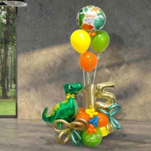 A Dinosaur-themed Birthday Balloon bouquet with balloon numbers. Oregon Balloon Delivery