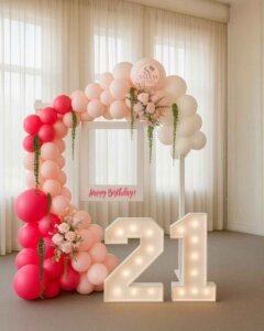 Organic balloon garland on a white wooden frame with flowers and 2 marquee numbers. Balloon decor Oregon