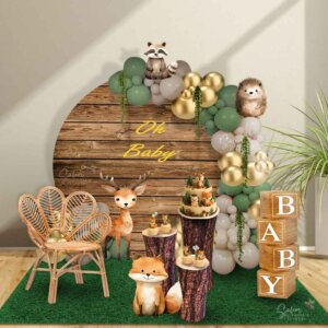 Woodland-themed Baby Shower Balloon Decoration. in a Green, beige, and golden color palette. Balloon Decor Oregon.