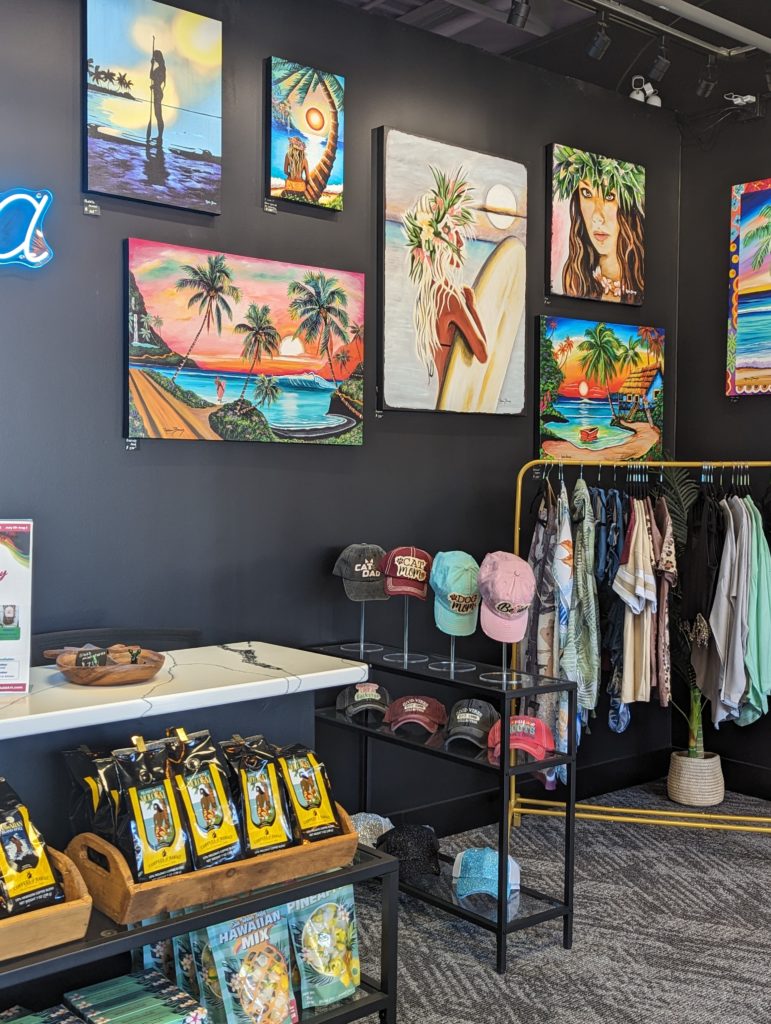 Art and retail items for purchase at Hawaii Fluid Art in Omaha, Nebraska.