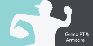 Illustrated Greco PT & Armcare logo featuring the reverse silhouette of a baseball player throwing a ball.