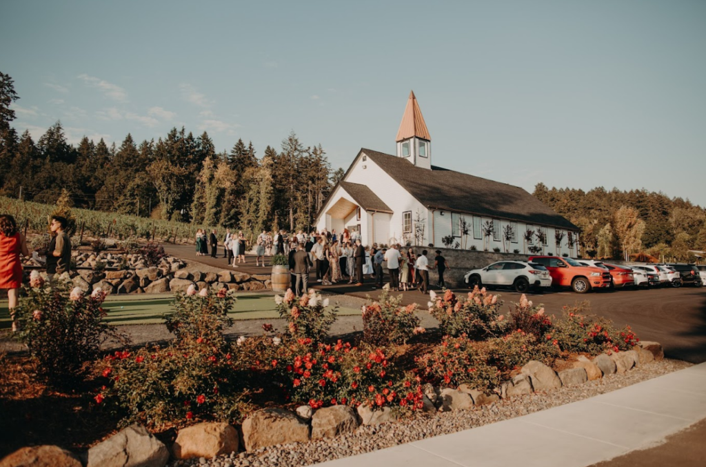 Outside of Chapel with crowd of people