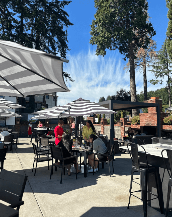 Patio and fireplace with people