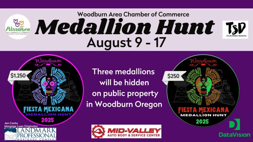 The Hunt is On! 2025 Woodburn Area Chamber of Commerce Medallion Hunt Guide & Clues