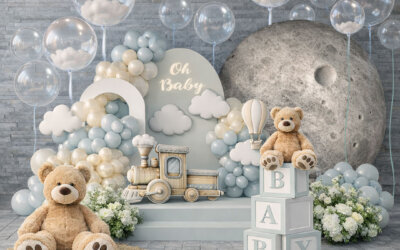 A winter-inspired baby shower balloon decor with a
