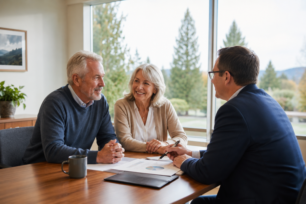 Retired couple meeting with a trusted financial advisor in Wilsonville, Oregon to discuss retirement income planning and long-term financial goals.