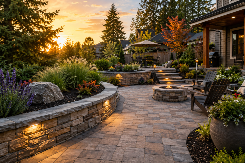 Custom paver patio and natural stone retaining wall in a professionally landscaped residential backyard in Eugene, Oregon.