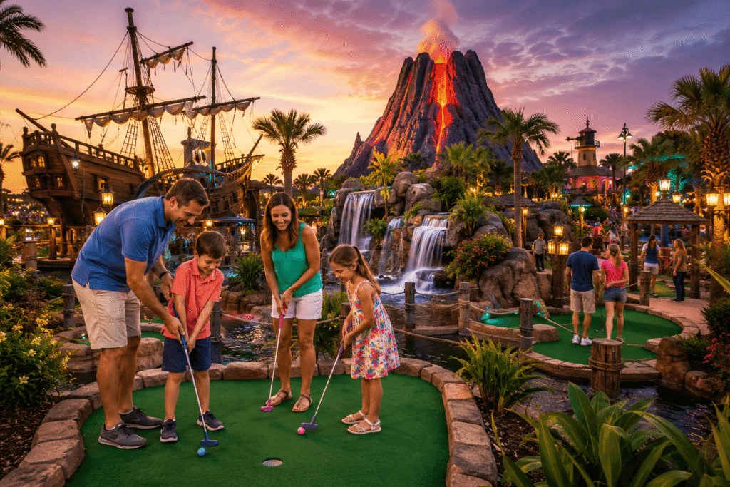 Families enjoying miniature golf at a themed course in North Myrtle Beach, South Carolina.