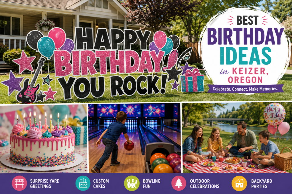 Birthday celebration in Keizer, Oregon featuring a custom cake, surprise yard sign, and family gathering at a local park.