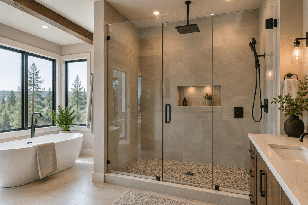 Modern frameless custom shower enclosure installed in a Central Oregon home.