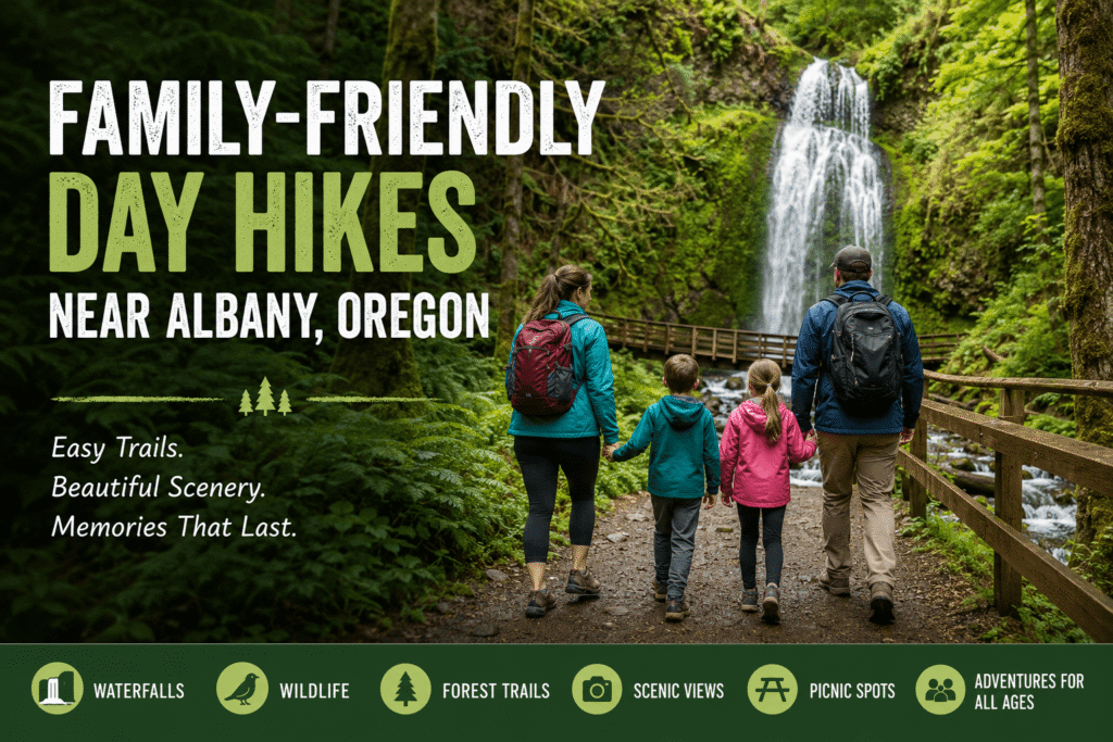 Family hiking through a lush forest trail near a waterfall outside Albany, Oregon.