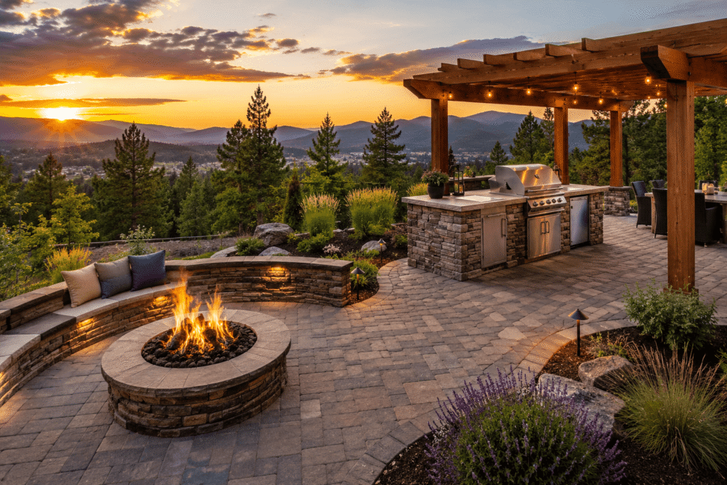 Outdoor living space with paver patio, fire feature, and landscape design in Grants Pass Oregon