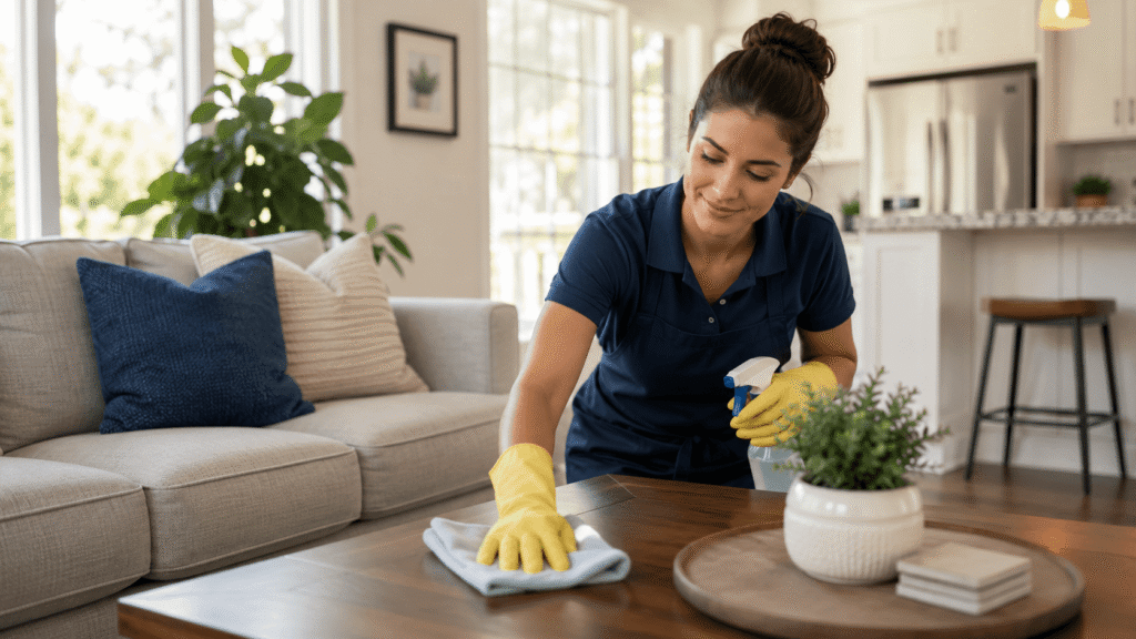 Woman cleaning in a cozy, modern living room