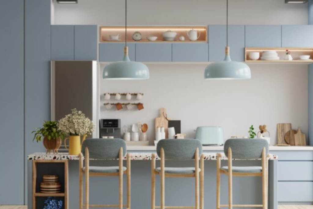 Modern home bar in Richmond VA with blue cabinetry, bar stools, and pendant lights.