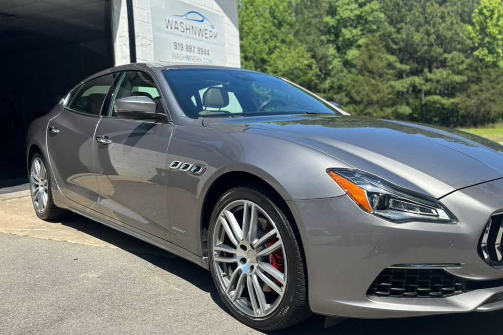1. Silver Maserati with a polished exterior after paint correction.